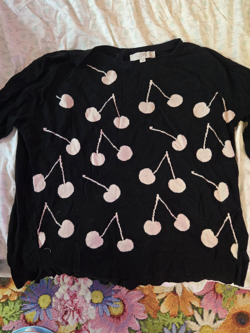 LOFT Black Sweater Top with Pink Cherry Motif Button-down Back. L